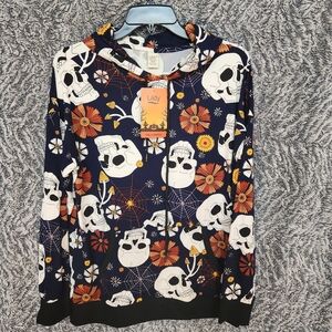 Lildy Navy/Orange Halloween/Day of the Dead Hoodie-Skull/Floral Pattern-SZS-M